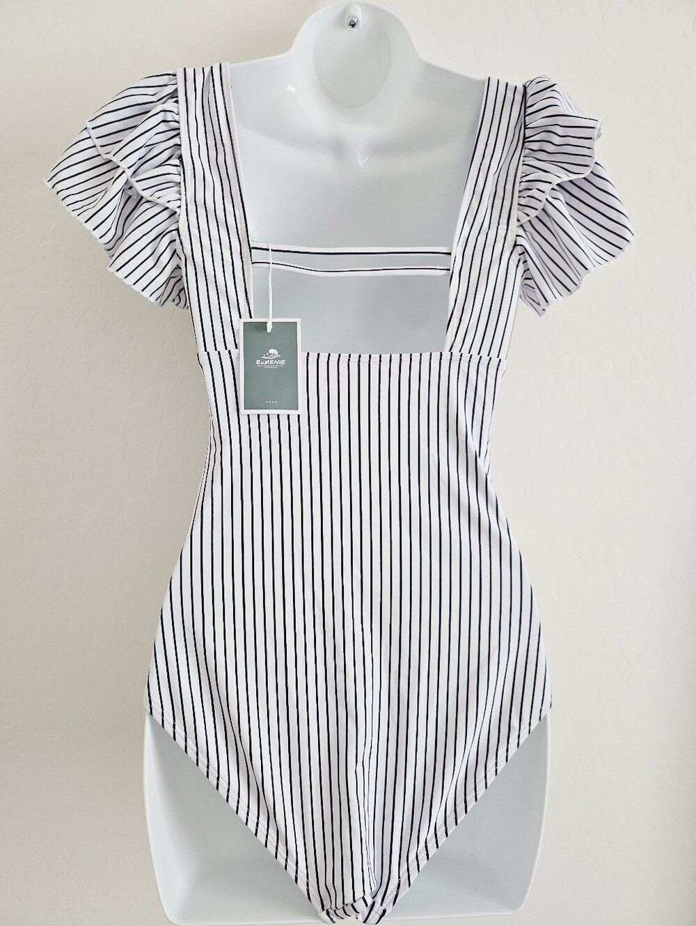 Square Neck Black & White Striped Ruffle Sleeve One Piece Swimwear Small - Picture 5 of 9